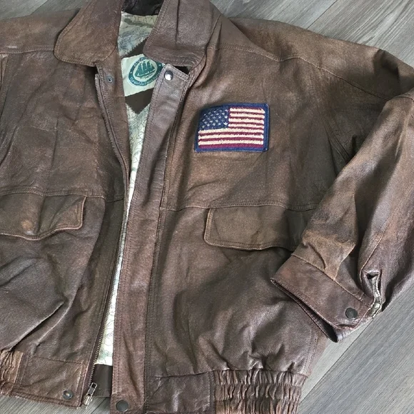 Men's Distressed Brown Leather Bomber Jacket with Flag Patch - Picture 3 of 13